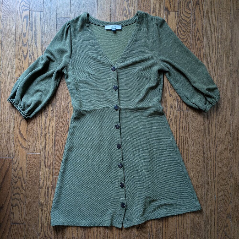 LOFT Olive Green Ribbed V-Neck Fit-and-Flare Dress - Picture 3 of 6